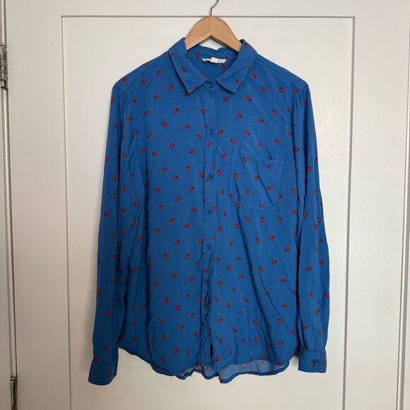 Beach Lunch Lounge Blouse Womens Sz XL Blue Ladybug Print Button Up Long Sleeve - Picture 1 of 11